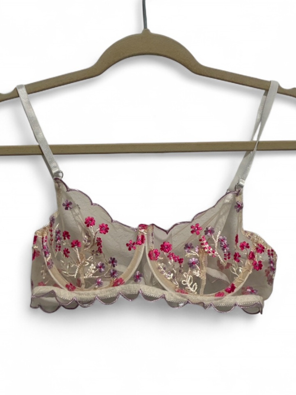 Fairy Whimsy Sheer Embroidered Floral Underwire Bra - White with Pink Accents